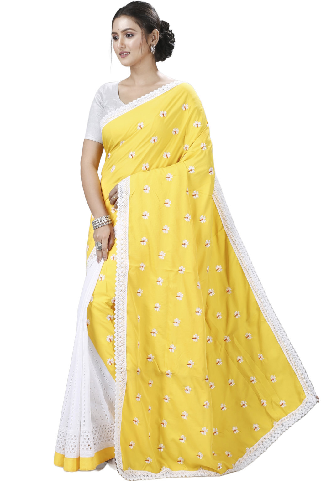 Yellow White Pure Cotton LalPori Hand Loom Saree (1253)